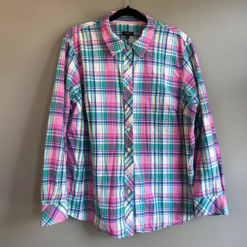 Talbots Woman Pink Teal Plaid Cotton Button Down Shirt 2X Long Sleeve Top